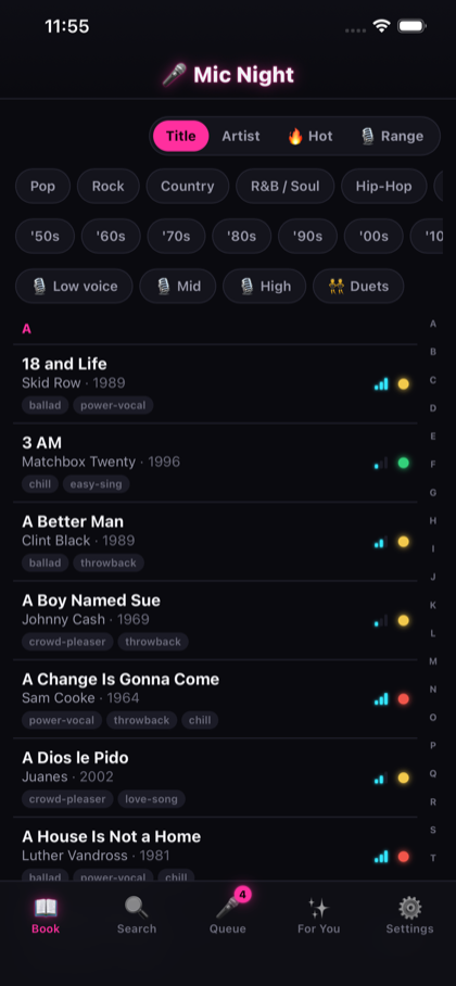 The Book — A to Z song list with genre, decade, and vocal range filters