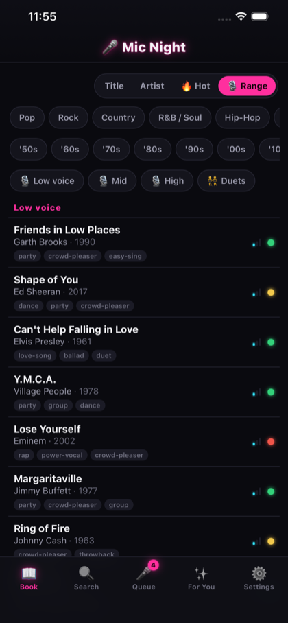 Range filter — songs grouped by low voice with difficulty indicators