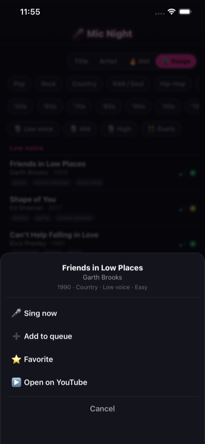 Song action sheet — Sing now, Add to queue, Favorite, or Open on YouTube