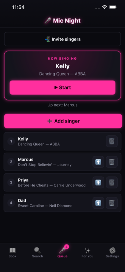 Party Queue — singer rotation with Now Singing and Up Next