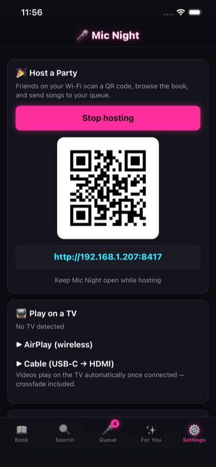 Host a Party — QR code invite for guests on your Wi-Fi, plus Play on a TV options