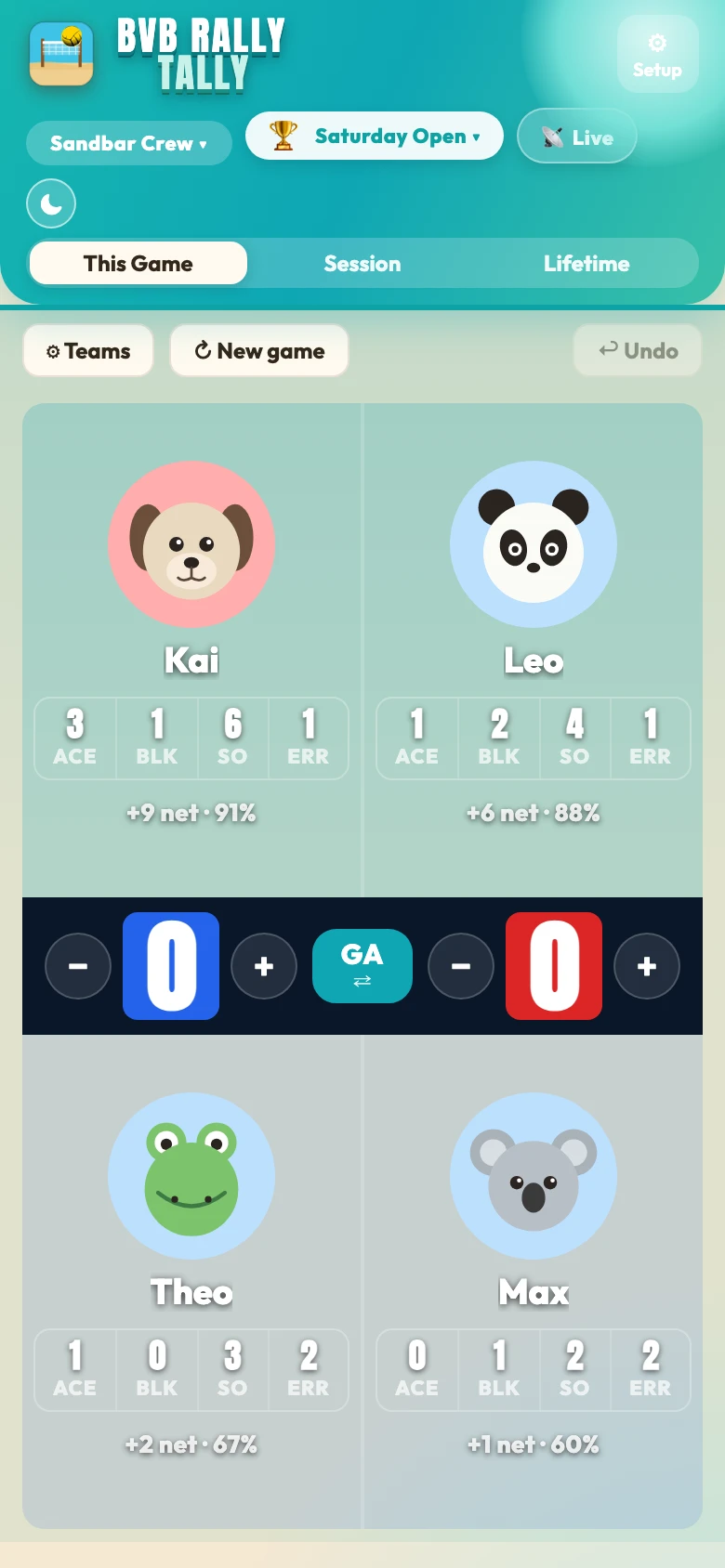 Double-court mode: Game A and Game B tracked independently with their own VS scores