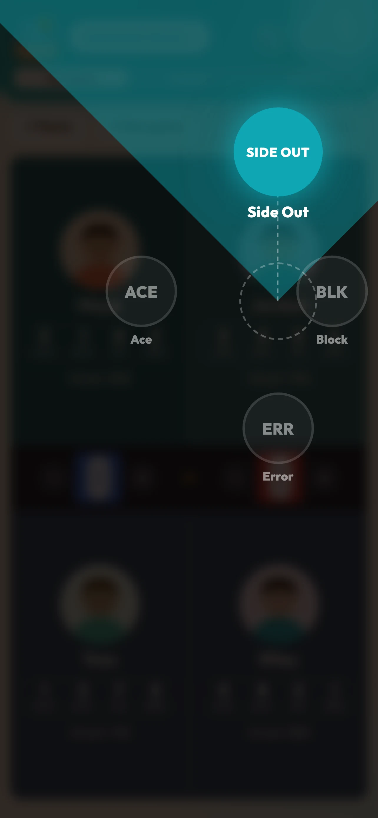 Radial flick wheel bloomed on a player tile — drag to ace, block, side-out, or error