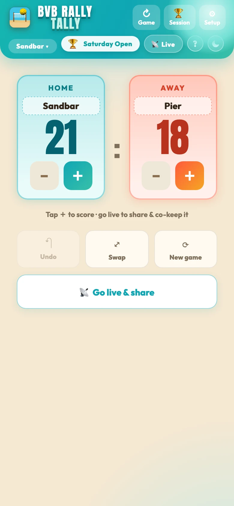Beach Score only scoreboard: Sandbar 21, Pier 18, tap to score