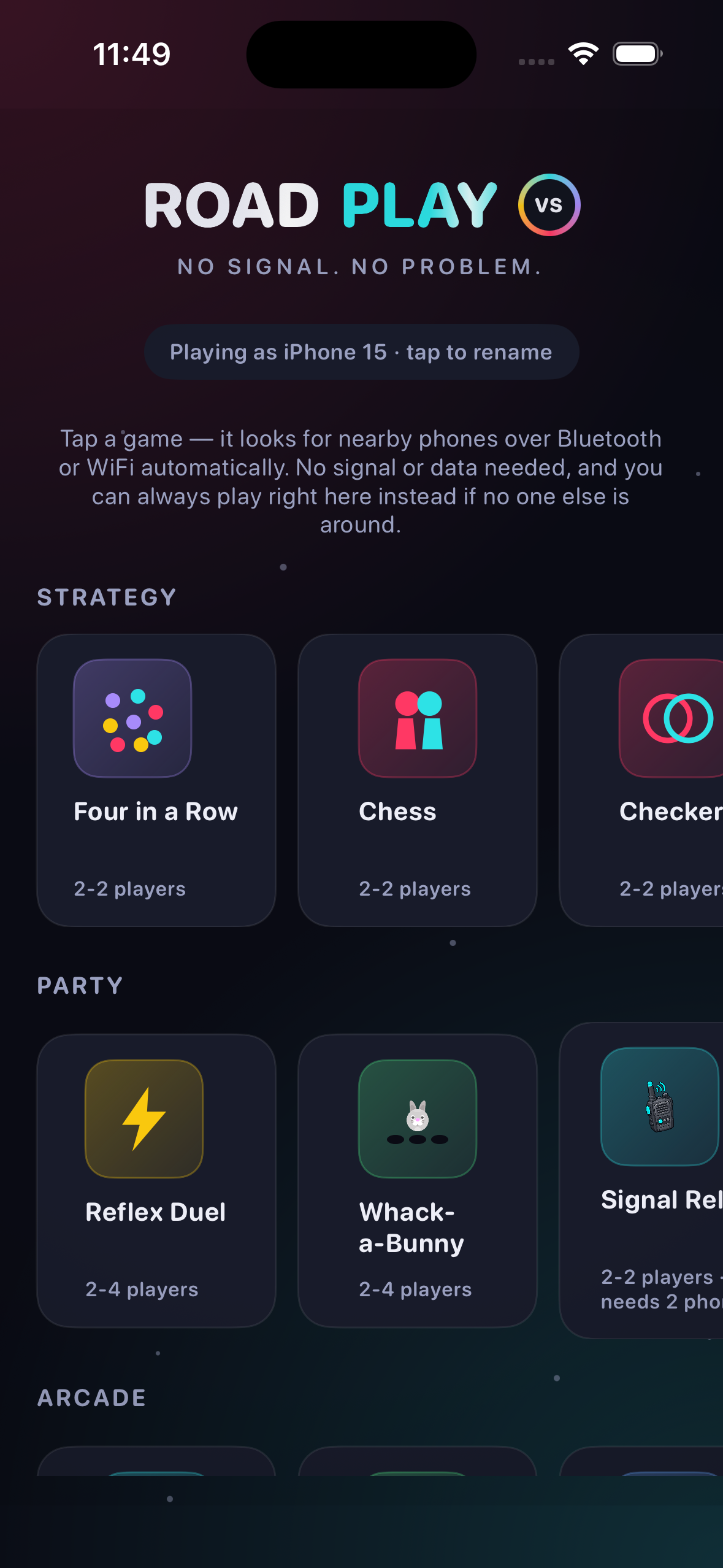 RoadPlay home screen showing the full library of 34 games organized by Strategy, Party, Arcade, and Co-op