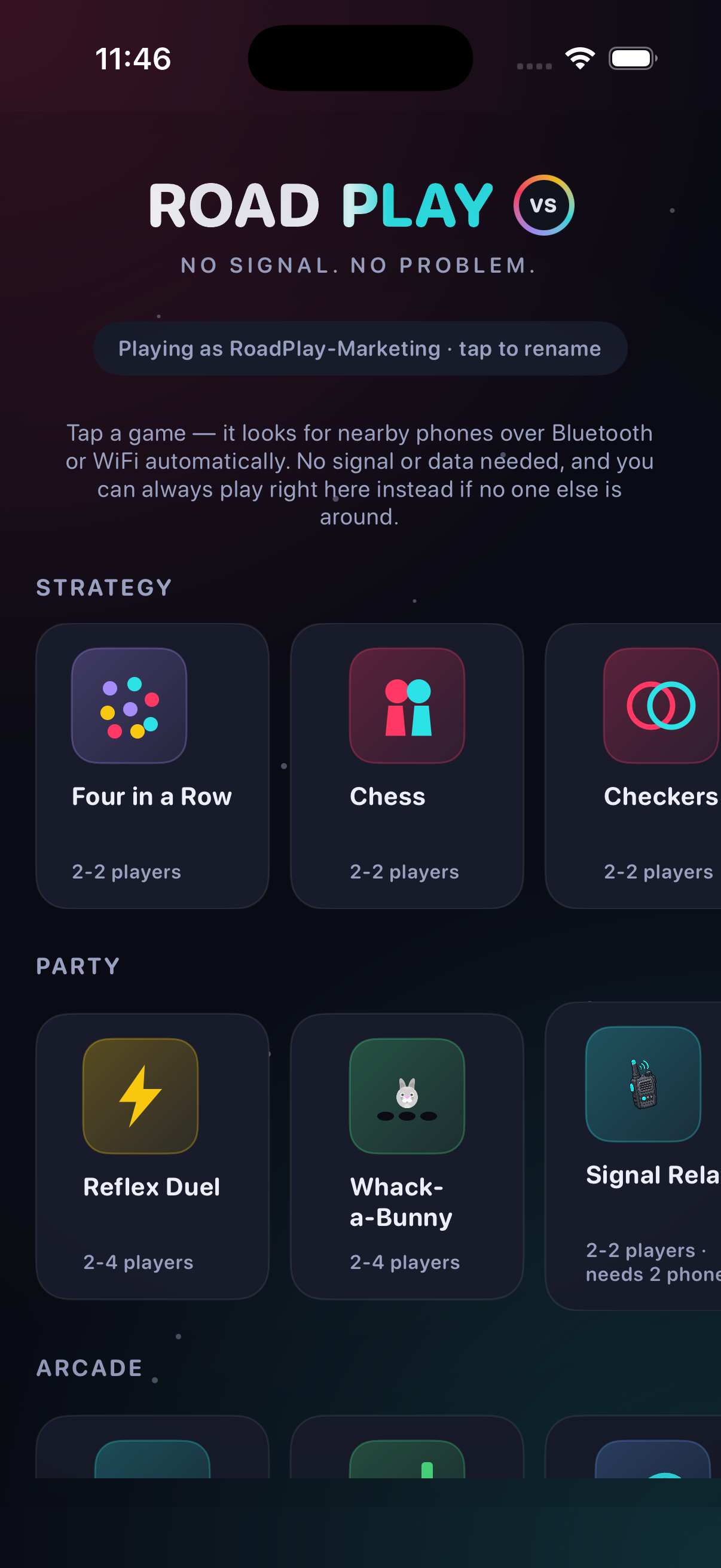 RoadPlay home screen with the game library