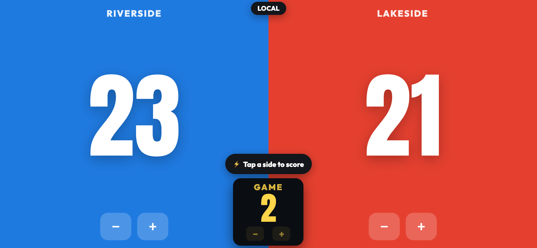 ScoreKeepers in landscape bench mode — Riverside 23, Lakeside 21, with a yellow centre box reading GAME 2