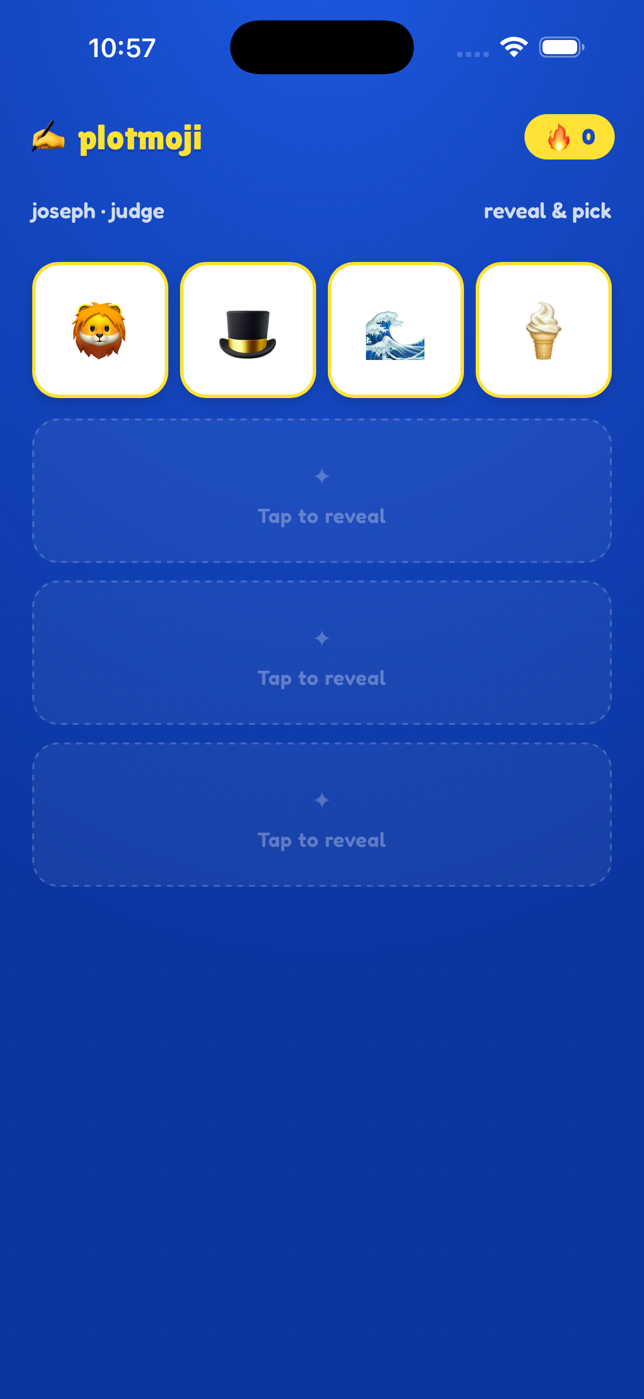 Judge screen — submissions hidden, tap to reveal