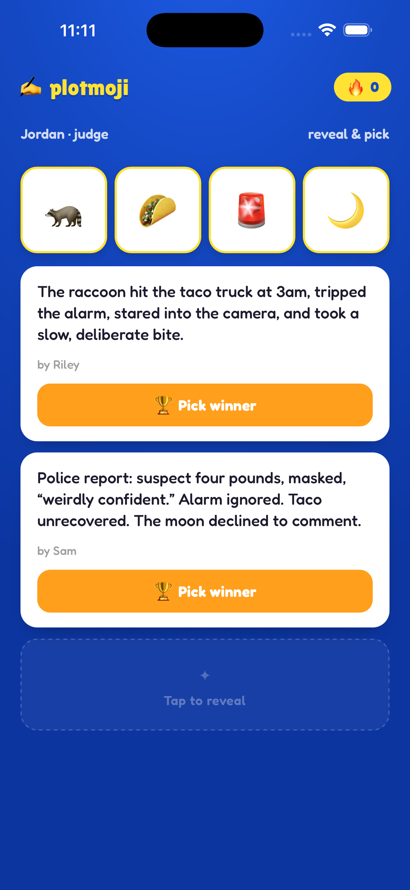 Judge screen — stories revealed, pick a winner