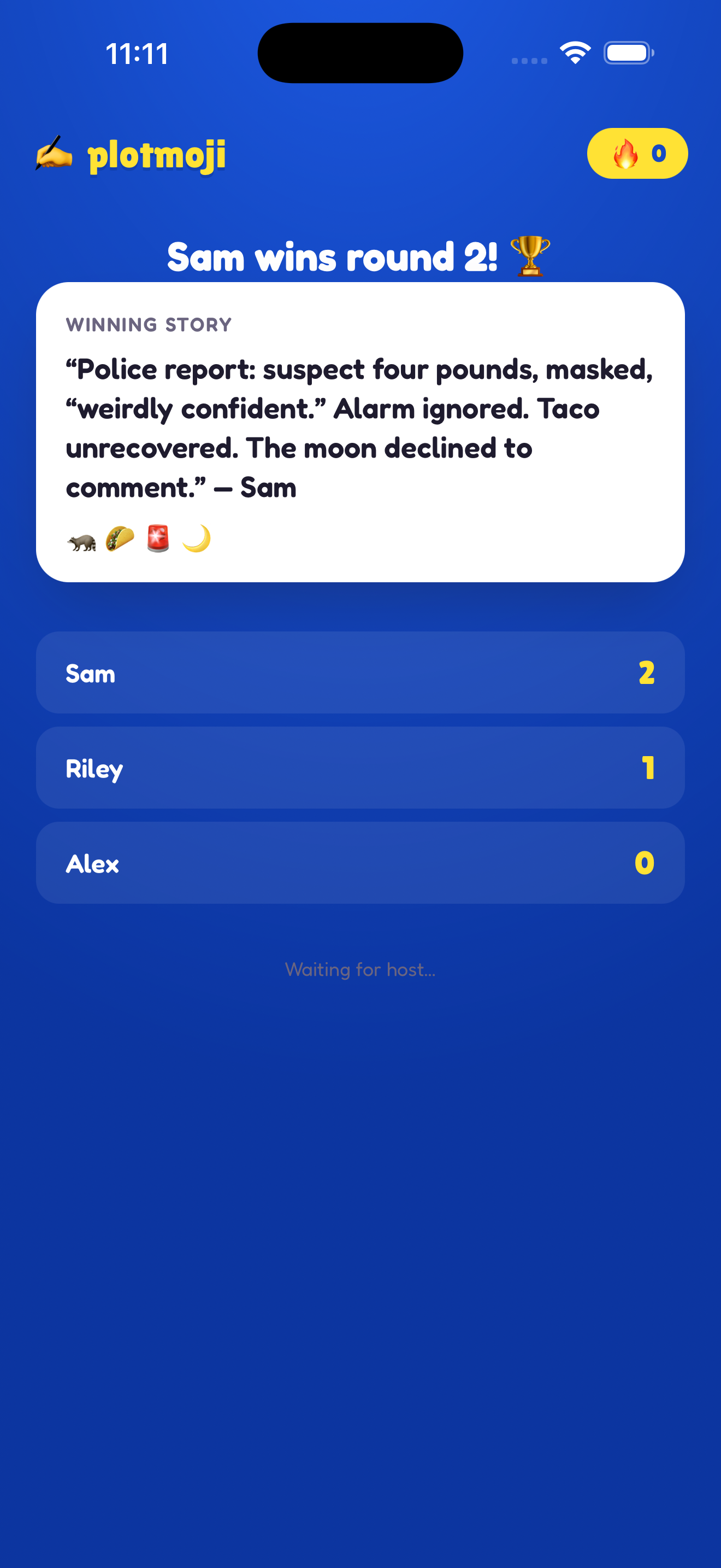 Round score — Sam wins round 2 with the winning story displayed