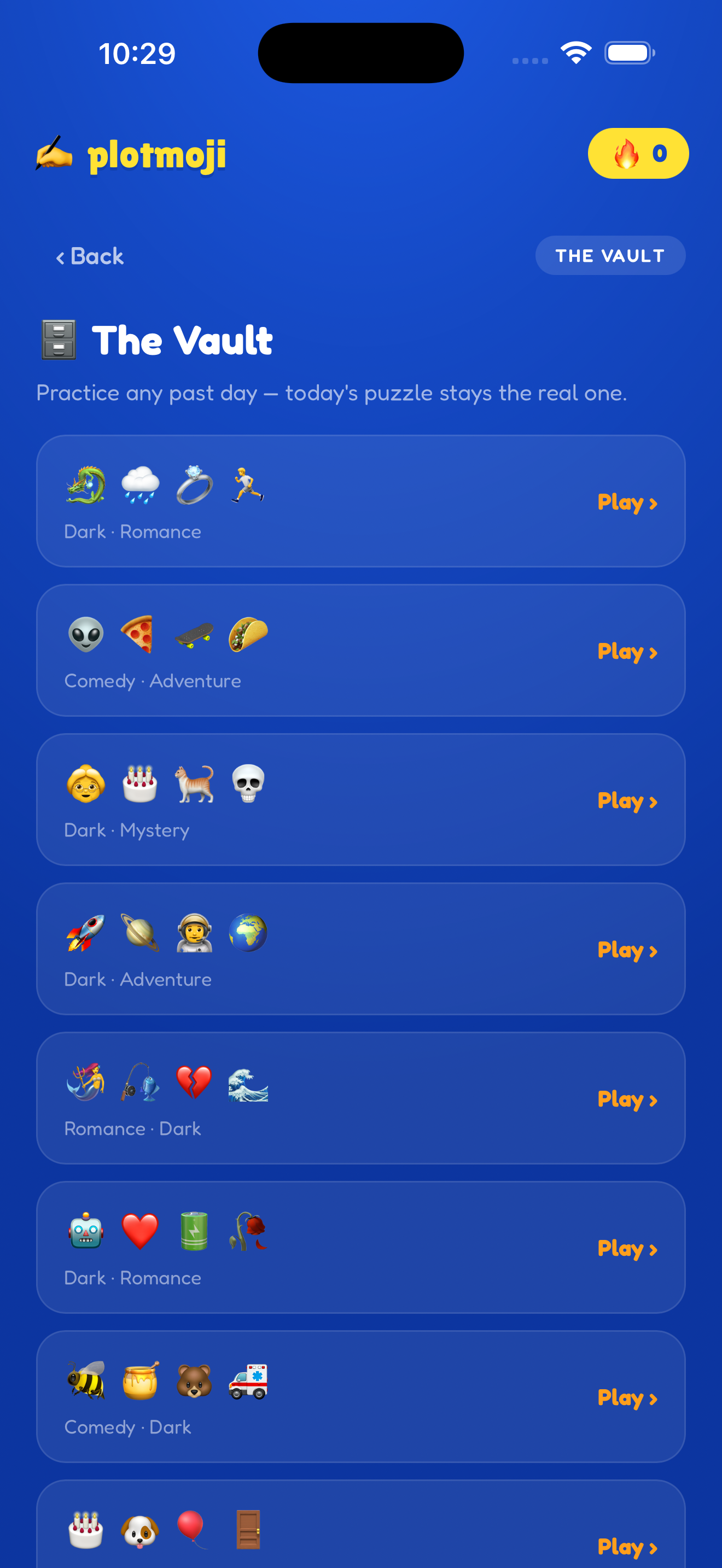 The Vault — scrollable list of past puzzles with genre tags
