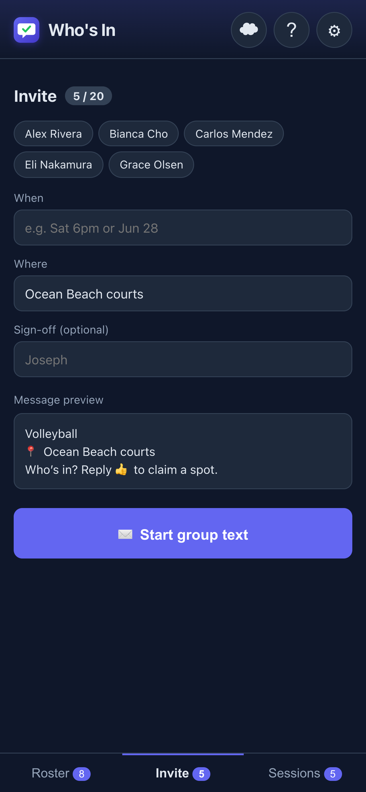 Invite composer with message preview