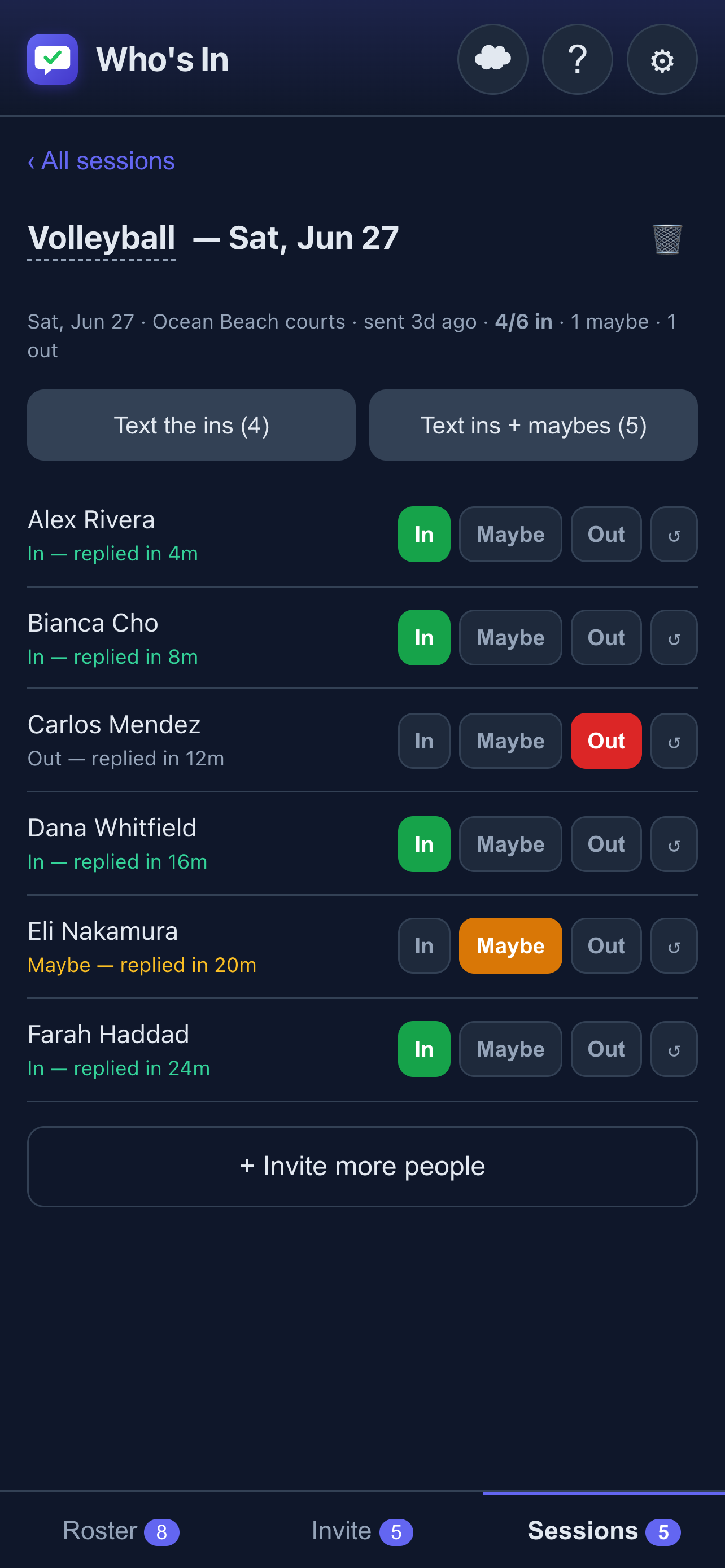 RSVP tracker with In/Maybe/Out buttons